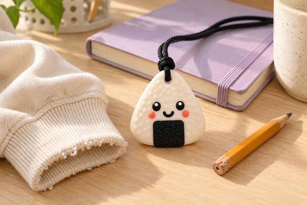 Illustration du collier Machouya blanc près d’une manche et d’un crayon mâchouillés