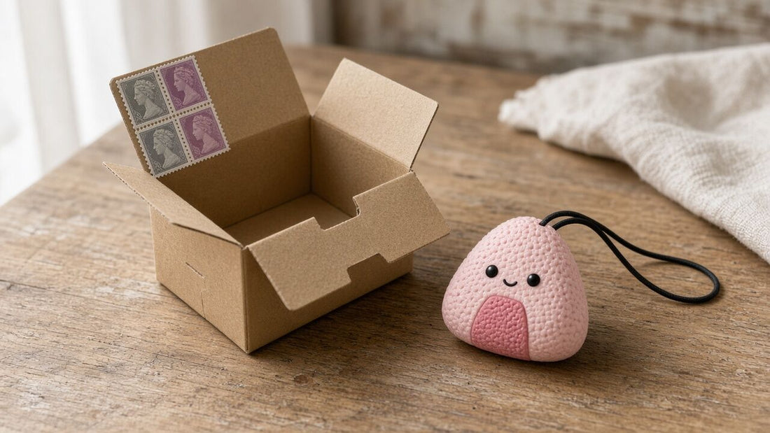 Colis international à côté d'un collier à mâcher onigiri rose expédié de France