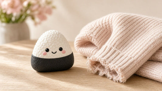 Collier à mâcher onigiri en silicone rose posé à côté d'une manche de pull mâchouillée