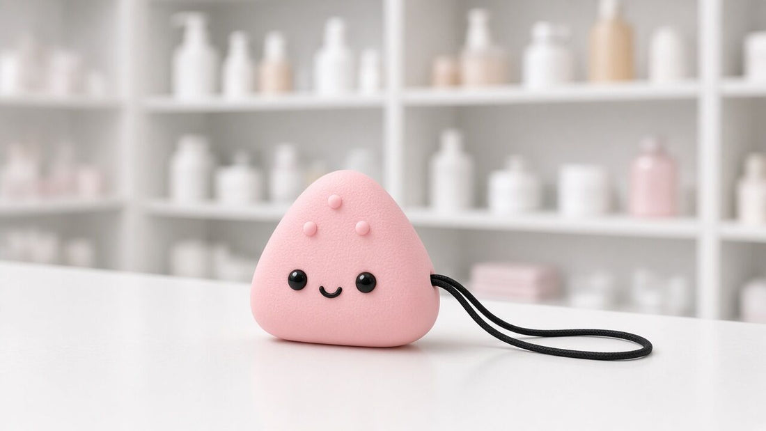 Collier à mâcher onigiri rose posé sur un comptoir devant un rayon de pharmacie flou