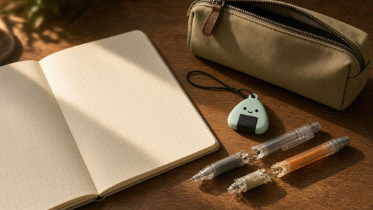 Stylos rongés et collier à mâcher onigiri menthe sur un bureau de devoirs