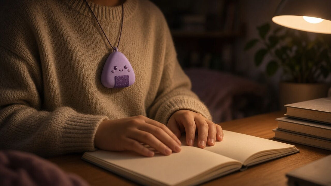 Enfant portant un collier à mâcher anti-stress onigiri lilas pendant les devoirs du soir