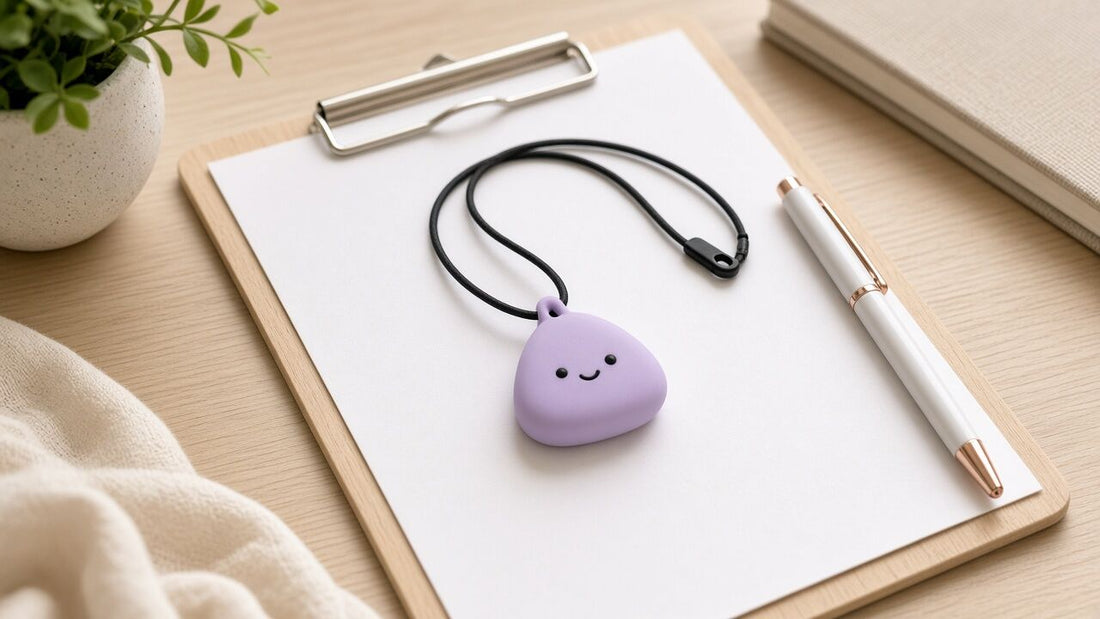 Collier de mastication onigiri lilas posé sur un bureau de consultation avec bloc-notes
