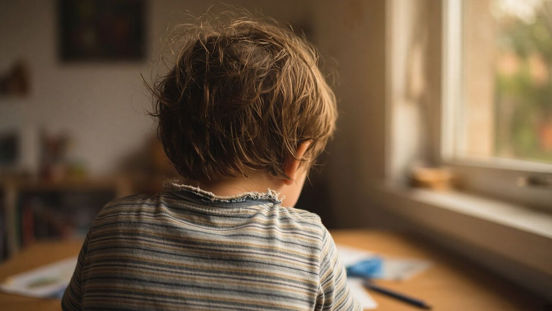 Enfant de dos en train de mâchouiller le col de son tee-shirt pendant les devoirs