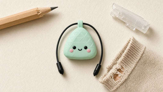 Machouilleur enfant onigiri en silicone menthe entouré d'un crayon et d'une manche mâchouillés