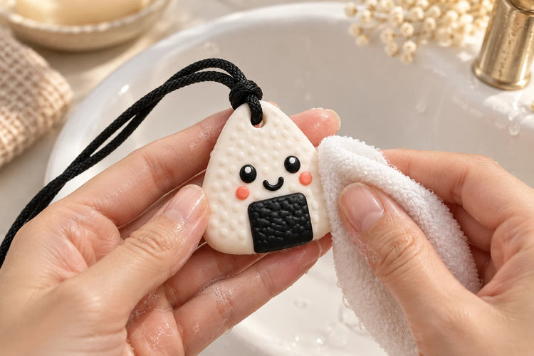 Illustration du nettoyage du pendentif Machouya blanc avec des mains adultes