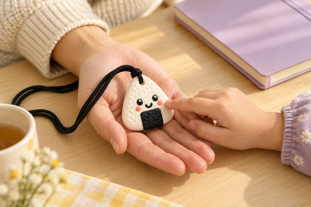 Illustration d’un parent présentant le pendentif Machouya blanc à un enfant