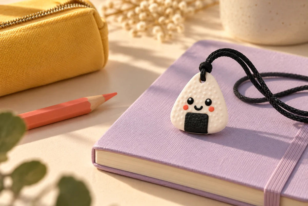 Illustration du collier Machouya blanc posé sur un carnet, près de crayons